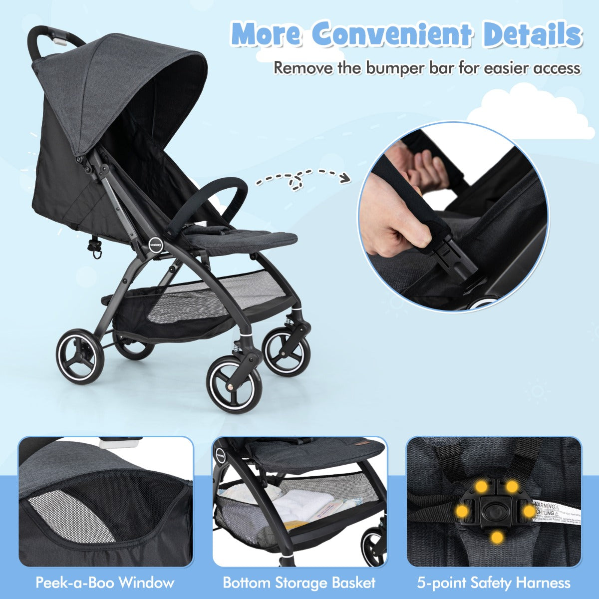 LIVSK Lichtgewicht Opvouwbare Kinderwagen - Verstelbare Rugleuning, Zonnekap, 5-Puntsgordel - Tot 15 kg - Zwart/Grijs