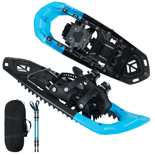 Livsk costway lichtgewicht sneeuwschoenen trekkingstokken set sneeuwschoenset met verstelbare ratelbindingen teenbox blauw