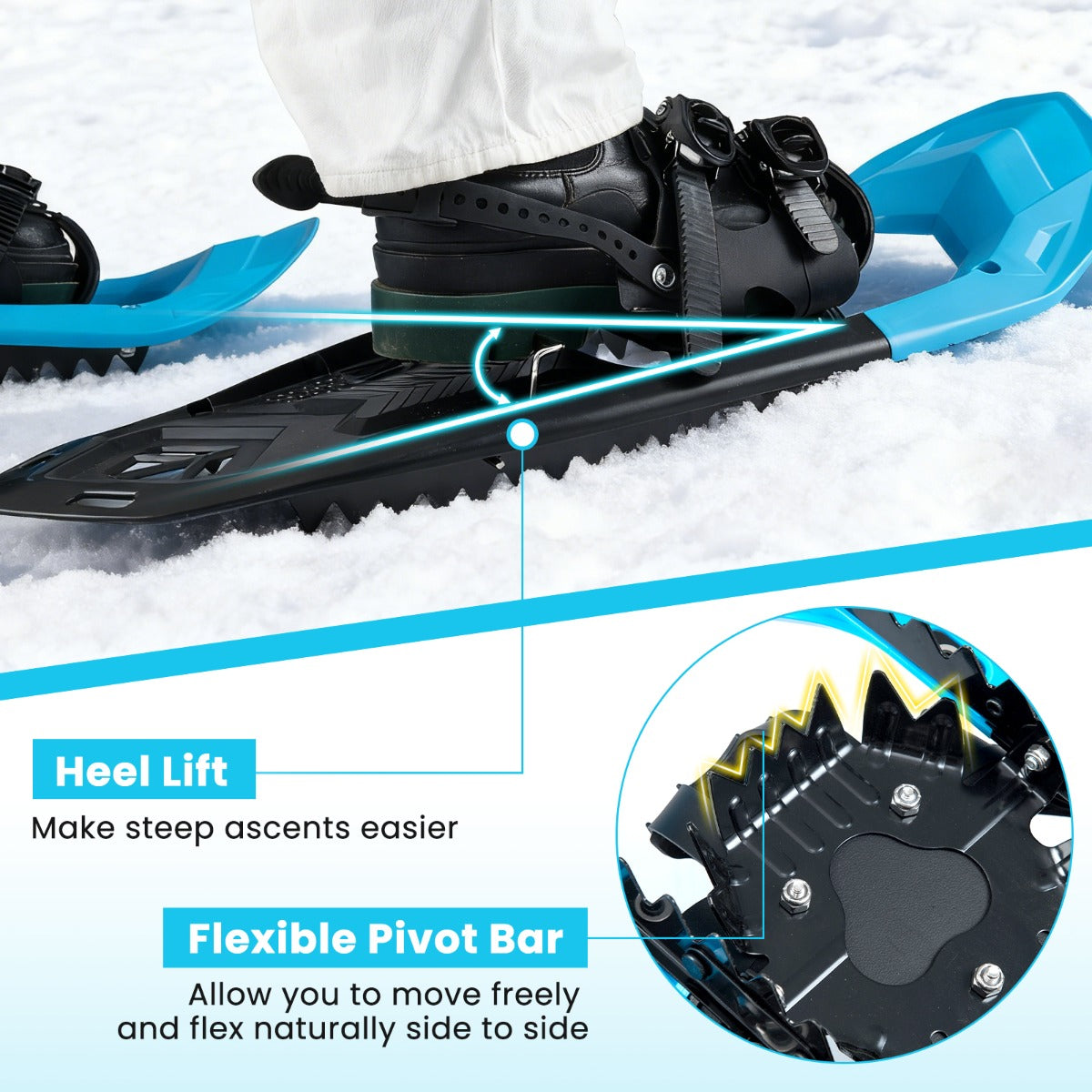 Livsk costway lichtgewicht sneeuwschoenen trekkingstokken set sneeuwschoenset met verstelbare ratelbindingen teenbox blauw 6