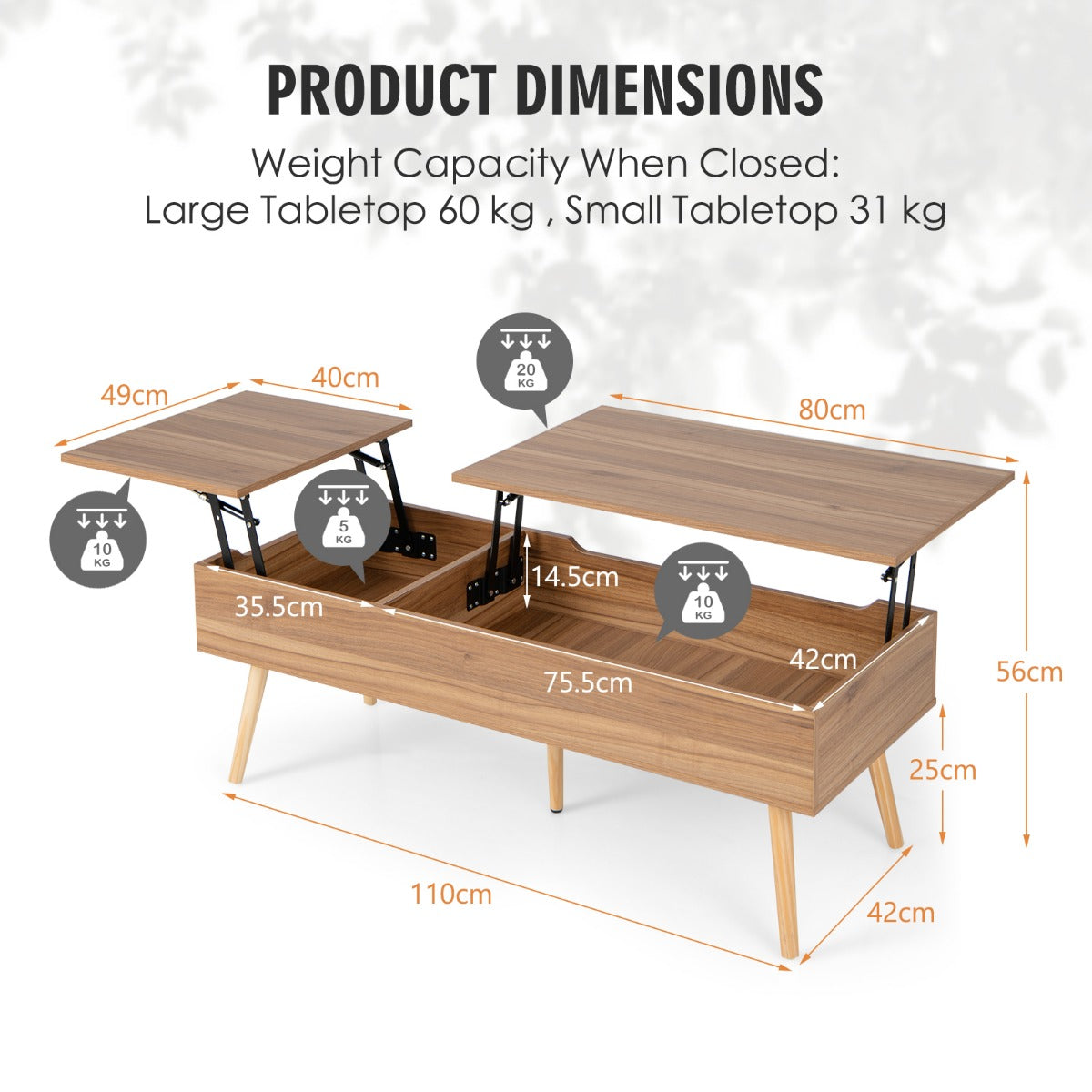 LIVSK Multifunctionele Salontafel - Split Lift-top Design - Pneumatisch Hefmechanisme - Opbergruimte - 5 Steunpoten - Bruin