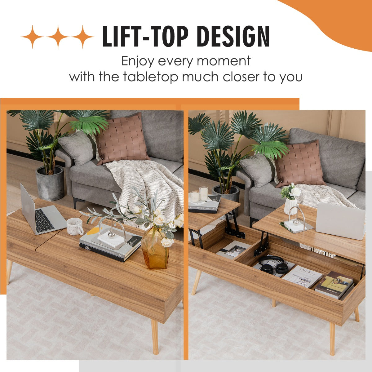 LIVSK Multifunctionele Salontafel - Split Lift-top Design - Pneumatisch Hefmechanisme - Opbergruimte - 5 Steunpoten - Bruin