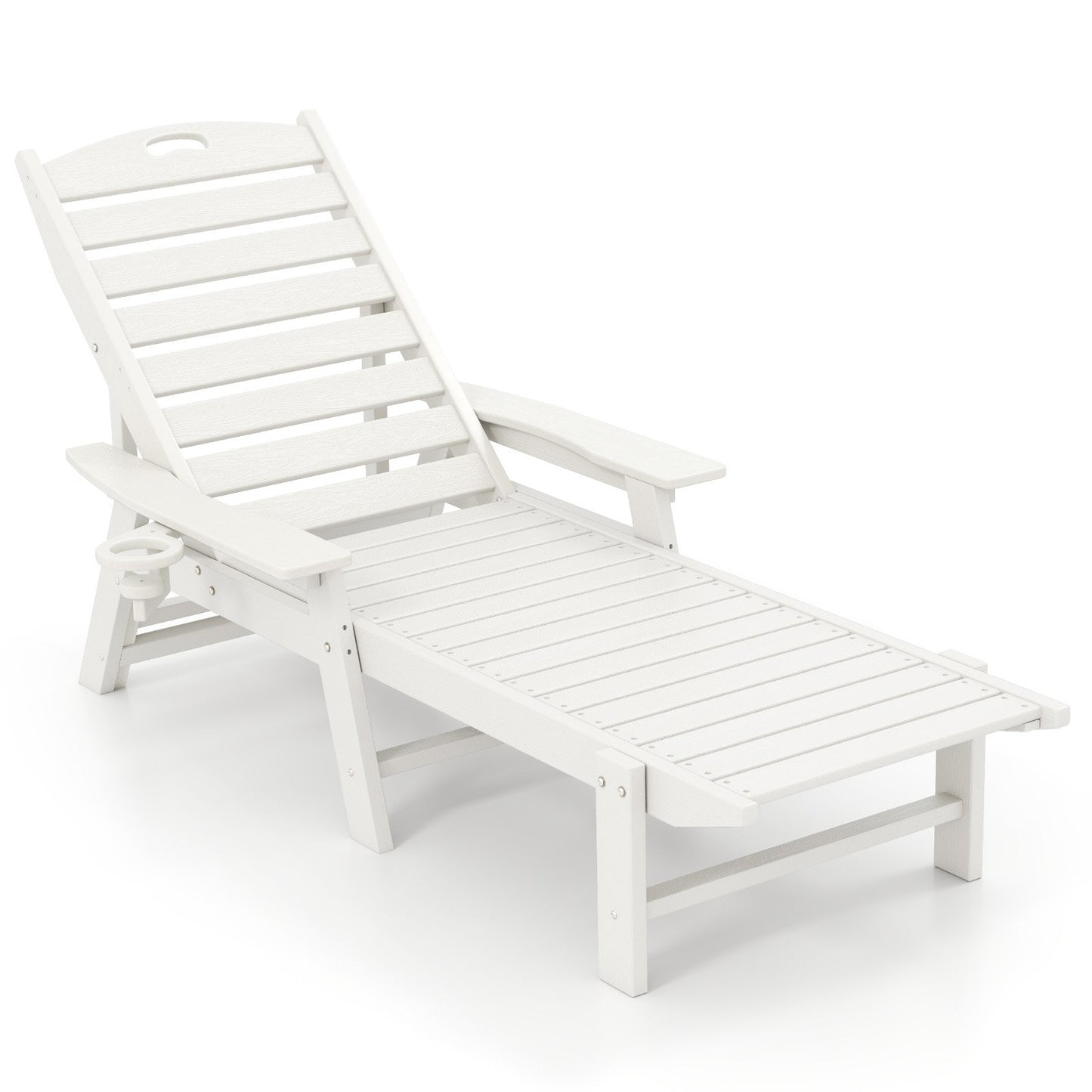 LIVSK Tuinligstoel HDPE - 4-voudig Verstelbare Rugleuning - Draaibare Bekerhouder - Ruime Zitting 116 x 53 cm - Wit