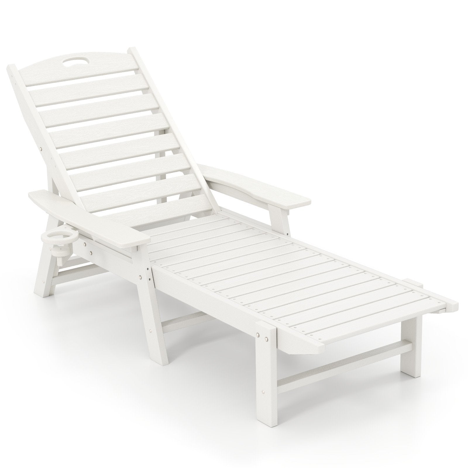 LIVSK Tuinligstoel HDPE - 4-voudig Verstelbare Rugleuning - Draaibare Bekerhouder - Ruime Zitting 116 x 53 cm - Wit