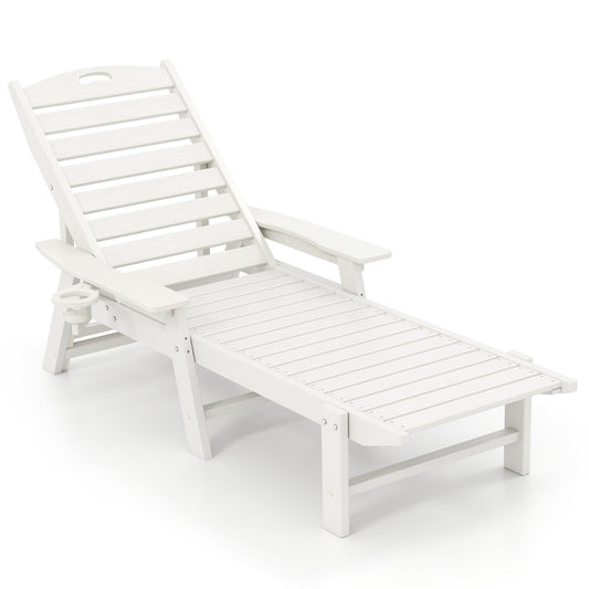 LIVSK Tuinligstoel HDPE - 4-voudig Verstelbare Rugleuning - Draaibare Bekerhouder - Ruime Zitting 116 x 53 cm - Wit