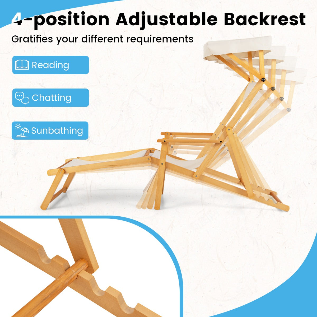 LIVSK Opvouwbare Strandligstoel - Verstelbare Luifel en Rugleuning - Berkenhout - Comfortabele Voetensteun - Tot 100 kg - Beige +