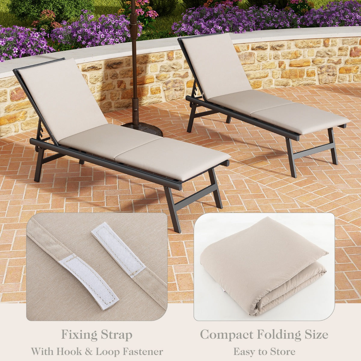 LIVSK Loungestoelkussen - Drievoudig Opvouwbaar - Klittenband - Duurzaam en Ademend - Gemakkelijk Onderhoud - 182 x 59 x 4,5 cm -