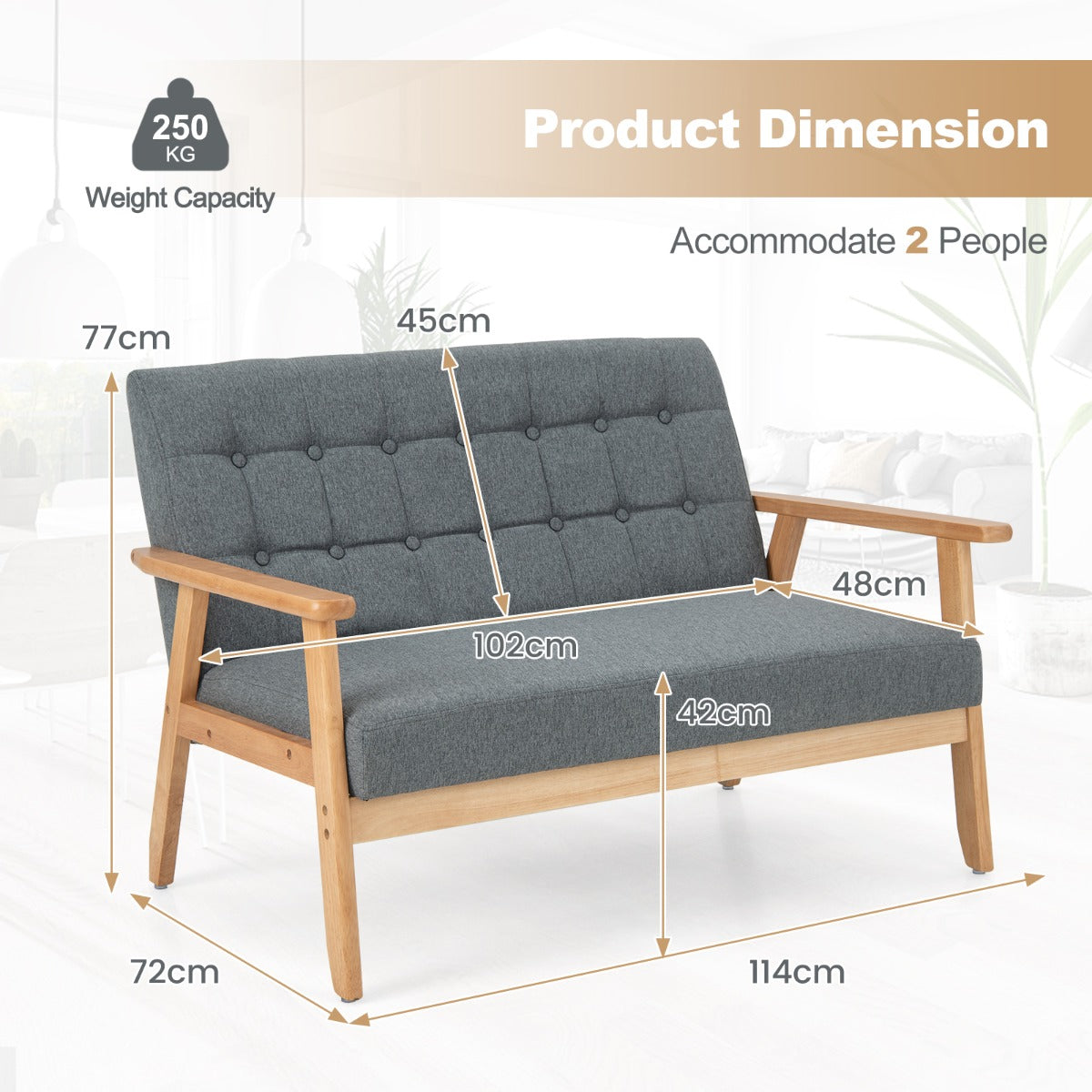 LIVSK 2-zits Linnen Loveseat - Ademend Stof - Rubberhouten Frame - Comfortabele Zitting - Tot 250 kg - Grijs