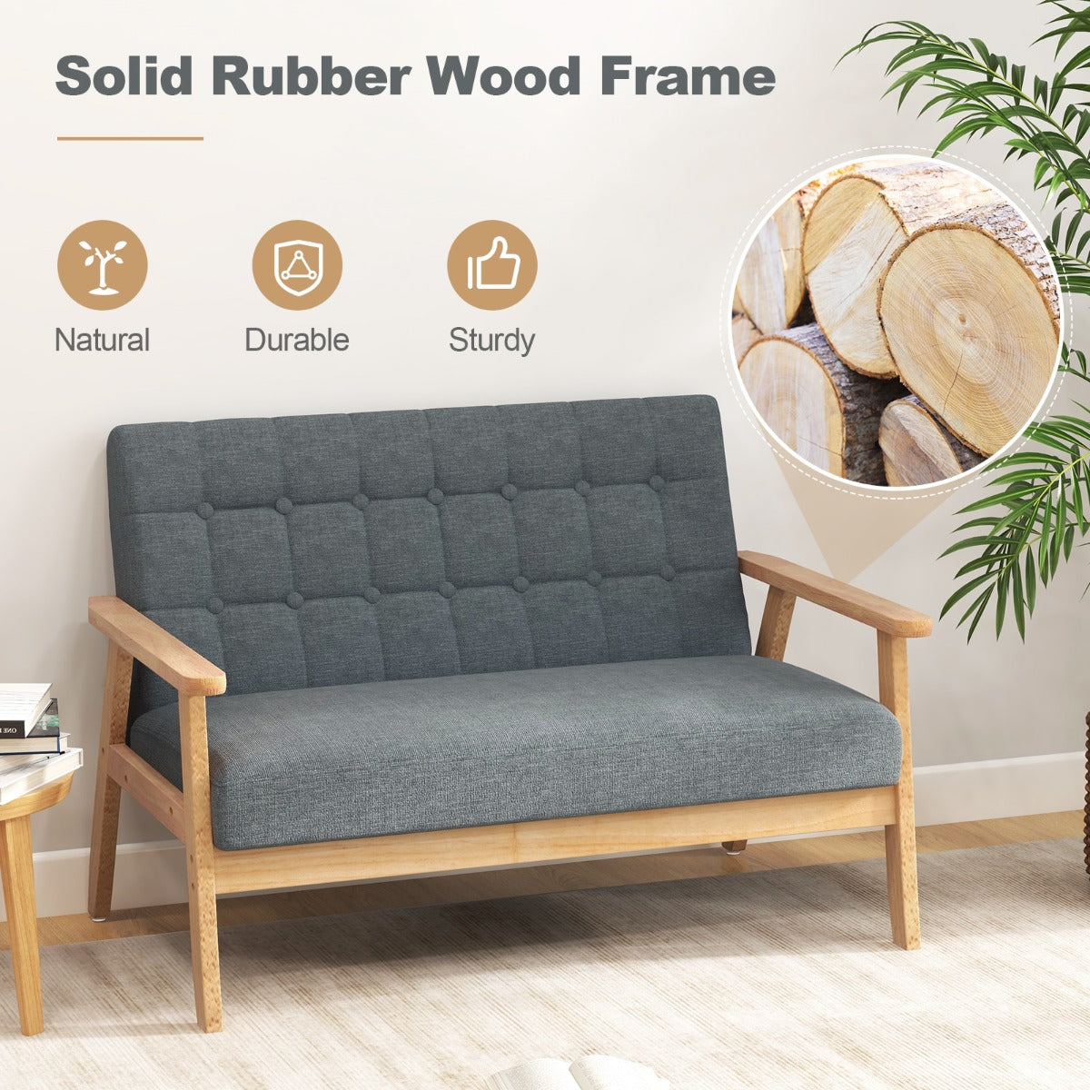 LIVSK 2-zits Linnen Loveseat - Ademend Stof - Rubberhouten Frame - Comfortabele Zitting - Tot 250 kg - Grijs