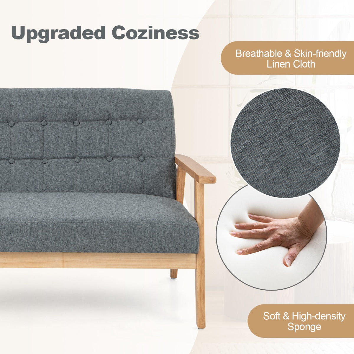 LIVSK 2-zits Linnen Loveseat - Ademend Stof - Rubberhouten Frame - Comfortabele Zitting - Tot 250 kg - Grijs