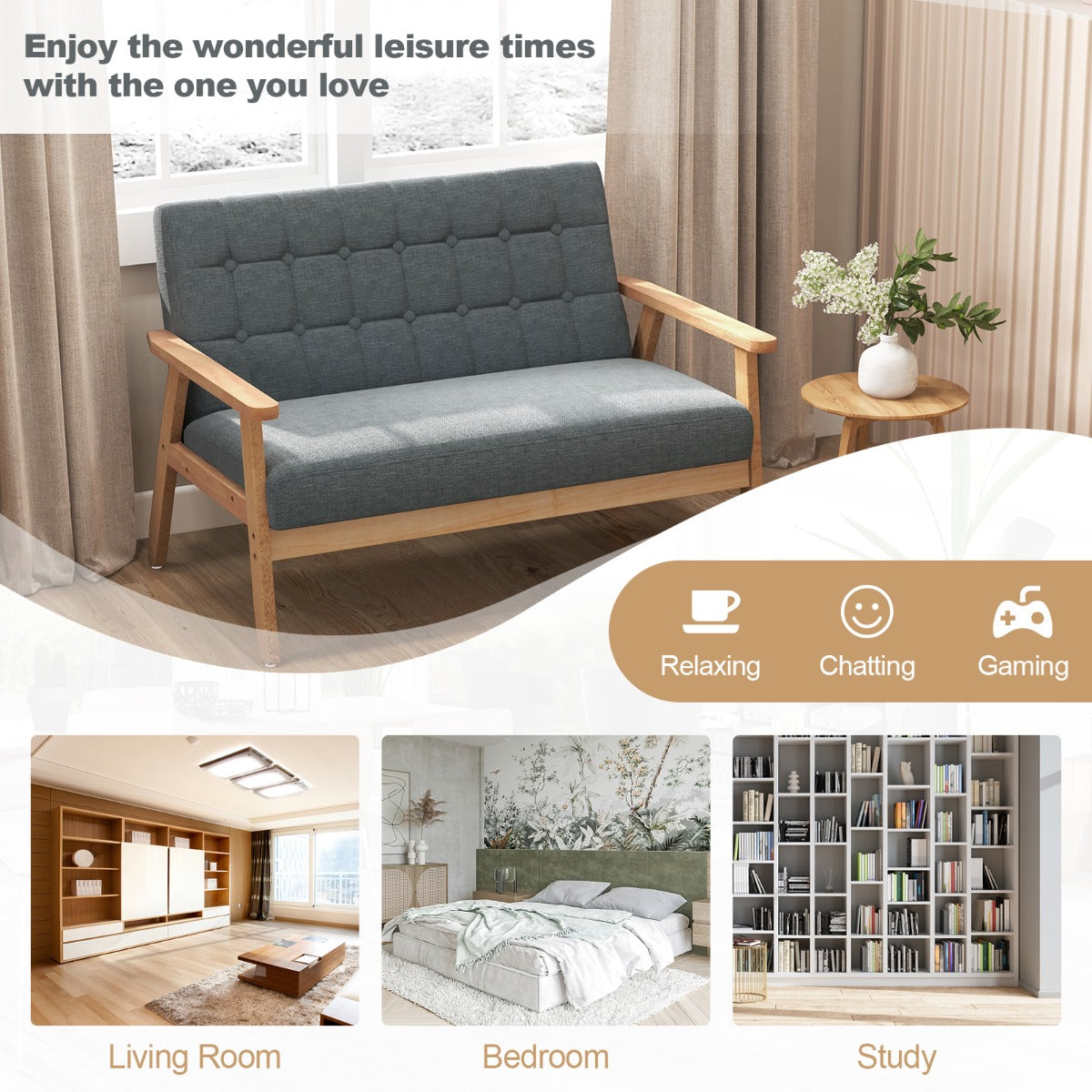 LIVSK 2-zits Linnen Loveseat - Ademend Stof - Rubberhouten Frame - Comfortabele Zitting - Tot 250 kg - Grijs
