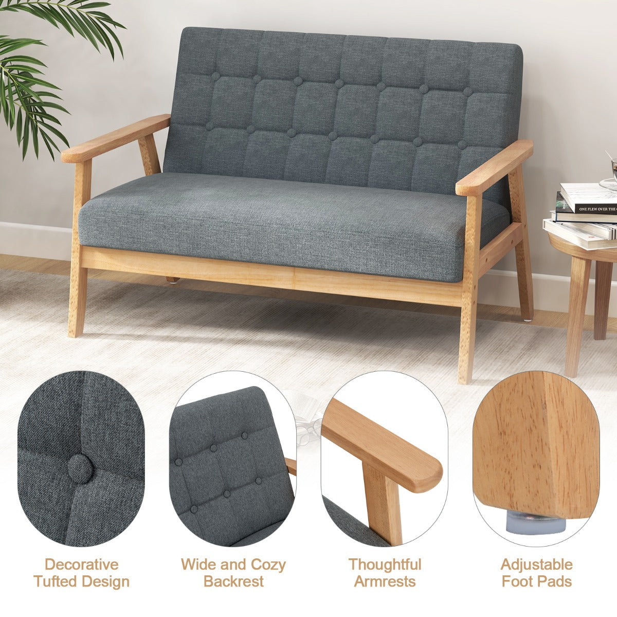 LIVSK 2-zits Linnen Loveseat - Ademend Stof - Rubberhouten Frame - Comfortabele Zitting - Tot 250 kg - Grijs