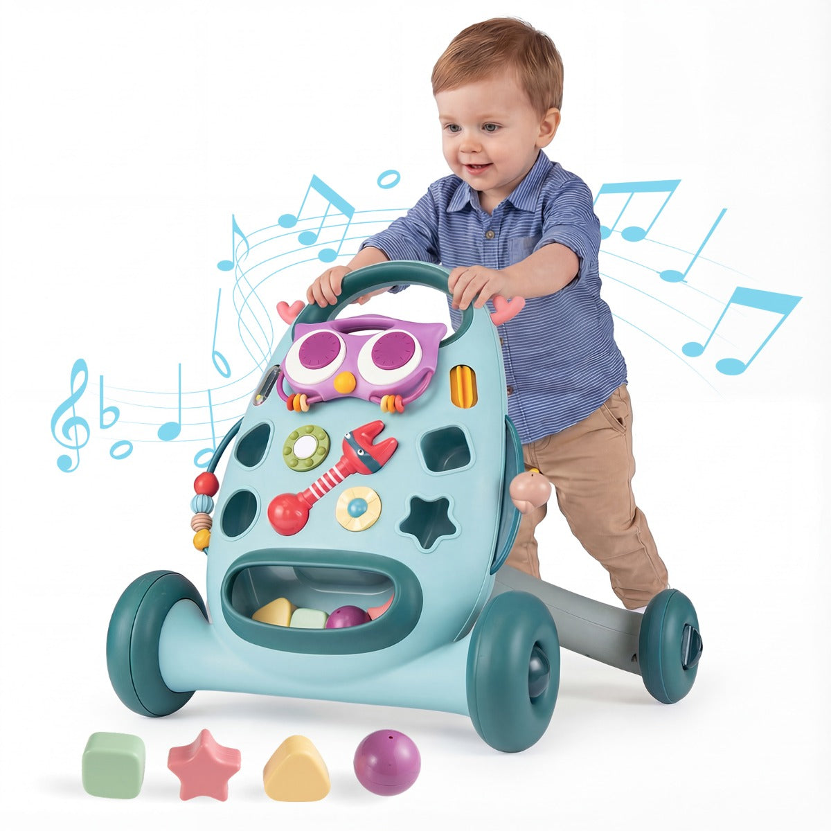 Livsk costway loopwagen loopwagen met rammelaars kralen en glijdende vogel babywalker met 2 draaispeeltjes blauw 1 1