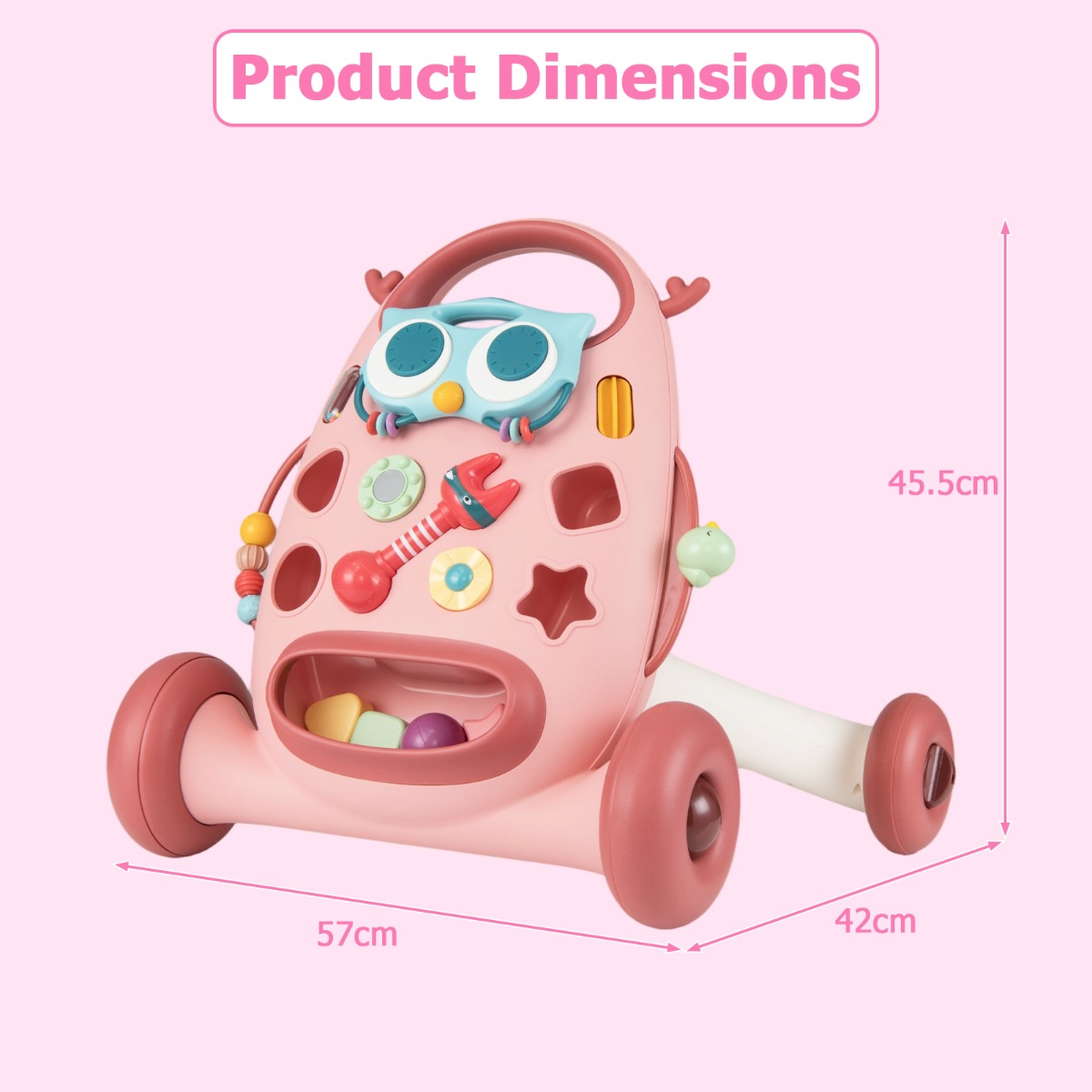 Livsk costway loopwagen loopwagen met rammelaars kralen en glijdende vogel babywalker met 2 draaispeeltjes roze 2