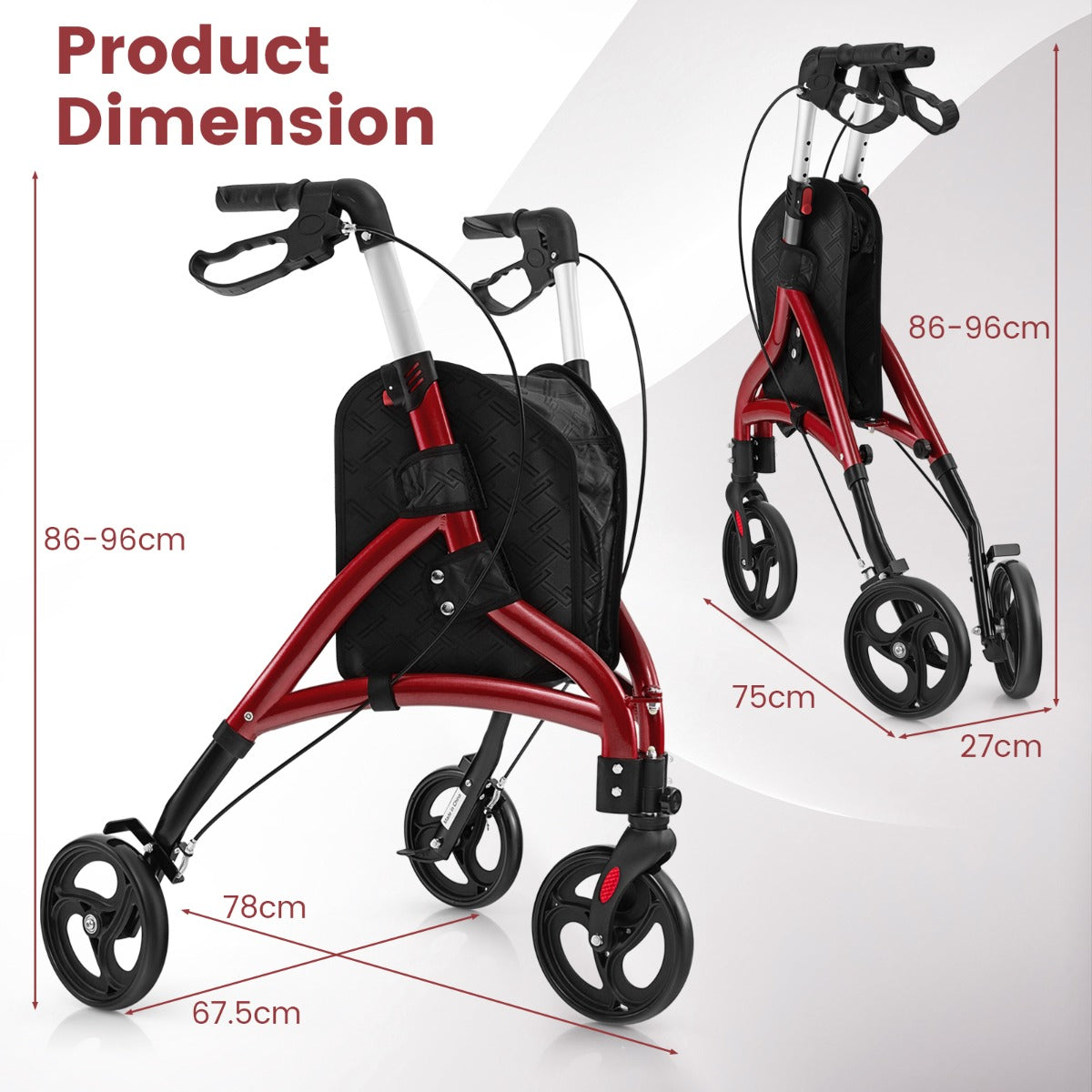 LIVSK Lichtgewicht Rollator voor Senioren - Verstelbare Handgrepen - Aluminium Frame - Veilig Remsysteem - Tot 136 kg - Rood