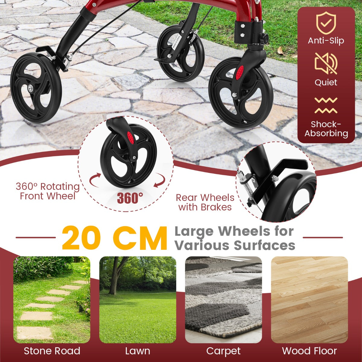 LIVSK Lichtgewicht Rollator voor Senioren - Verstelbare Handgrepen - Aluminium Frame - Veilig Remsysteem - Tot 136 kg - Rood