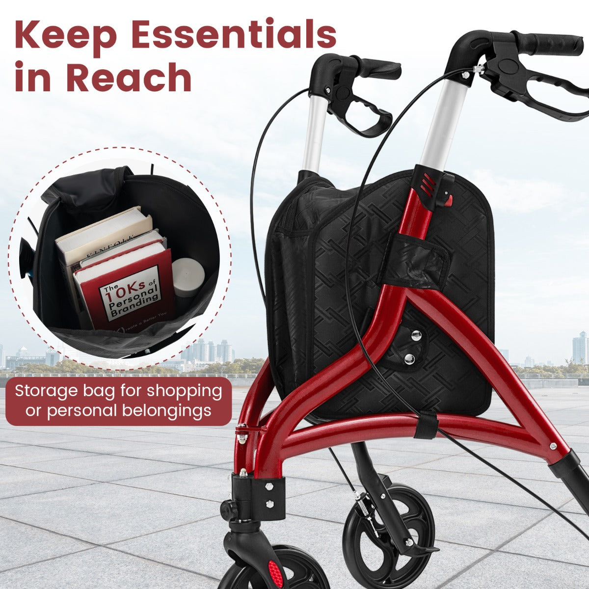 LIVSK Lichtgewicht Rollator voor Senioren - Verstelbare Handgrepen - Aluminium Frame - Veilig Remsysteem - Tot 136 kg - Rood
