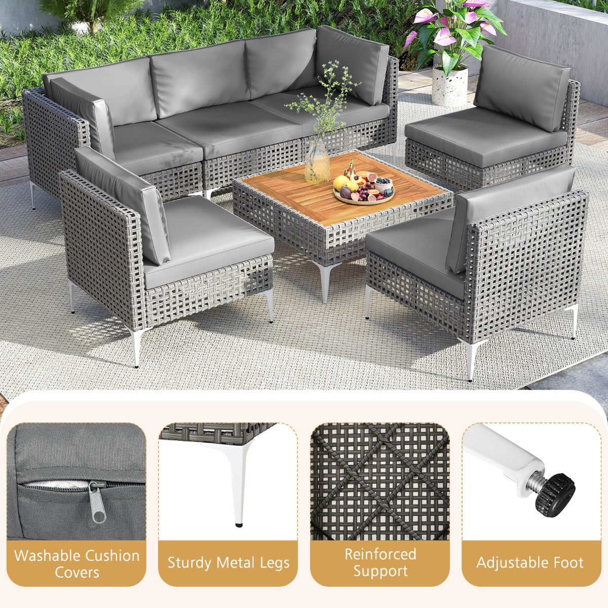 LIVSK Tuinsofa Set - Handgeweven PE-rattan - Inclusief Acaciahouten Salontafel en Kussens - Tot 180 kg per Sofa - Grijs