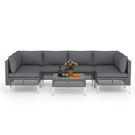 LIVSK 7-delige Tuinlounge Set - Duurzaam PE-vlechtwerk - Comfortabele Kussens - Stabiele Tafel - Mix Grijs