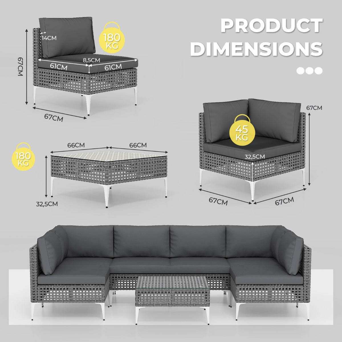 LIVSK 7-delige Tuinlounge Set - Duurzaam PE-vlechtwerk - Comfortabele Kussens - Stabiele Tafel - Mix Grijs