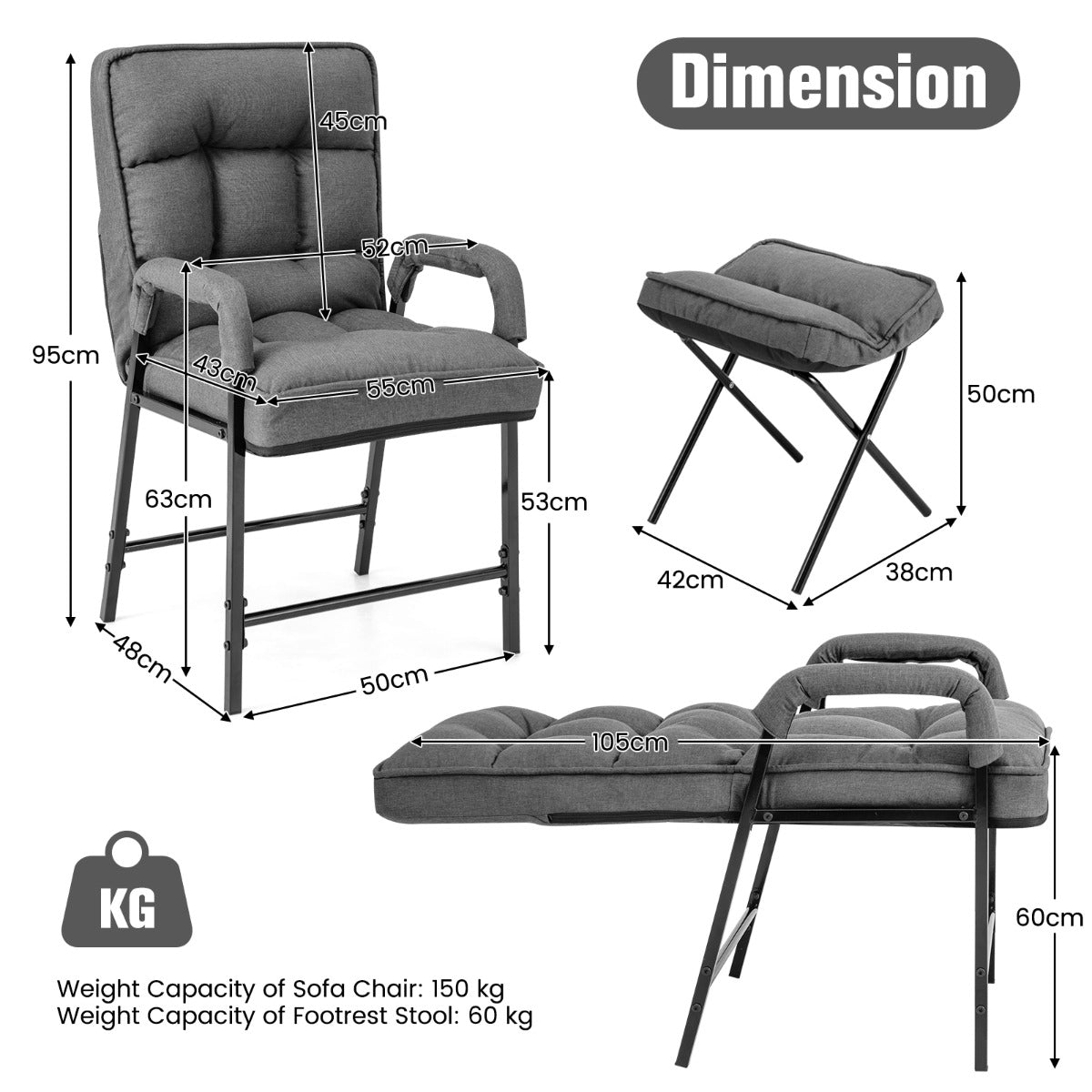 Livsk costway lounge stoelen moderne linnen chaise dappointment met 5 level verstelbare rugleuning relaxatie stoel grijs 1 1