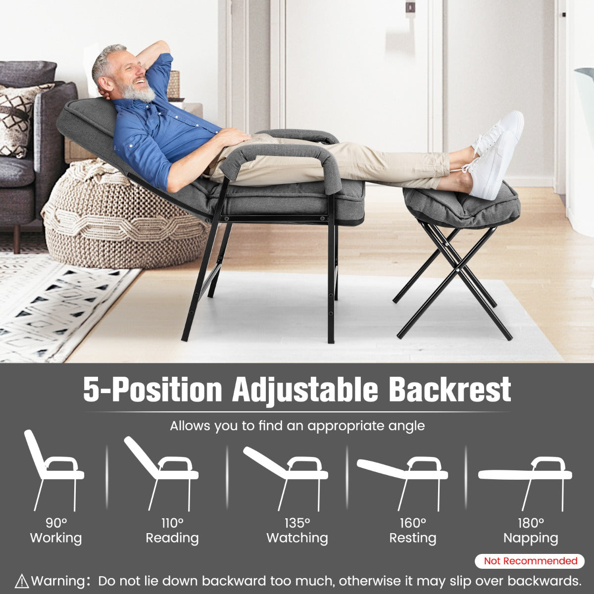 Livsk costway lounge stoelen moderne linnen chaise dappointment met 5 level verstelbare rugleuning relaxatie stoel grijs 2