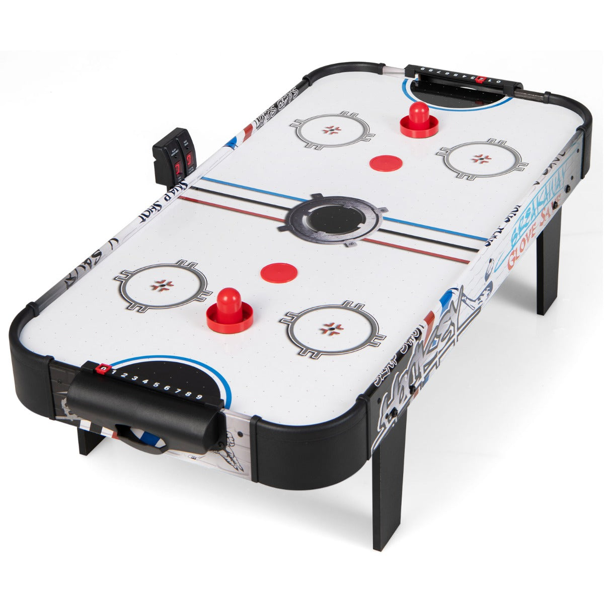 LIVSK Airhockeytafel - Duurzaam MDF met PVC Oppervlak - Inclusief Doelboxen en LED Scorebord - Compact 106,5 x 53,5 x 30,5 cm -