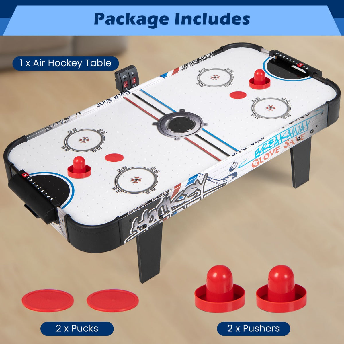 LIVSK Airhockeytafel - Duurzaam MDF met PVC Oppervlak - Inclusief Doelboxen en LED Scorebord - Compact 106,5 x 53,5 x 30,5 cm -