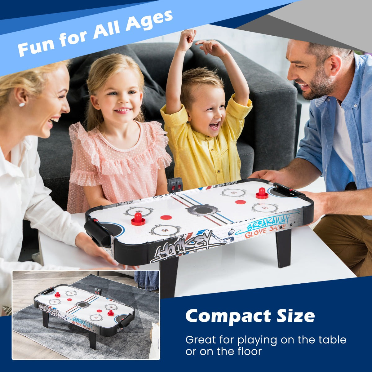 LIVSK Airhockeytafel - Duurzaam MDF met PVC Oppervlak - Inclusief Doelboxen en LED Scorebord - Compact 106,5 x 53,5 x 30,5 cm -