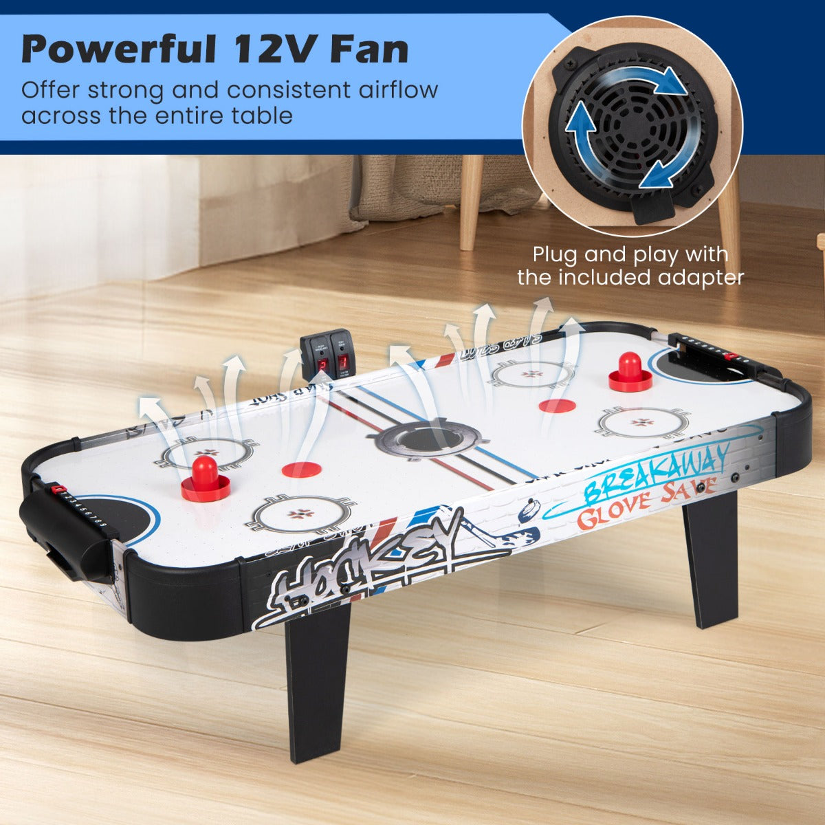 LIVSK Airhockeytafel - Duurzaam MDF met PVC Oppervlak - Inclusief Doelboxen en LED Scorebord - Compact 106,5 x 53,5 x 30,5 cm -