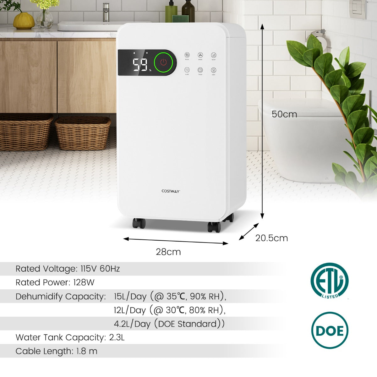 LIVSK Luchtontvochtiger - 15L/dag Capaciteit - 3 Modi - Stille Werking ≤ 33 dB - Automatische Uitschakeling - Wit