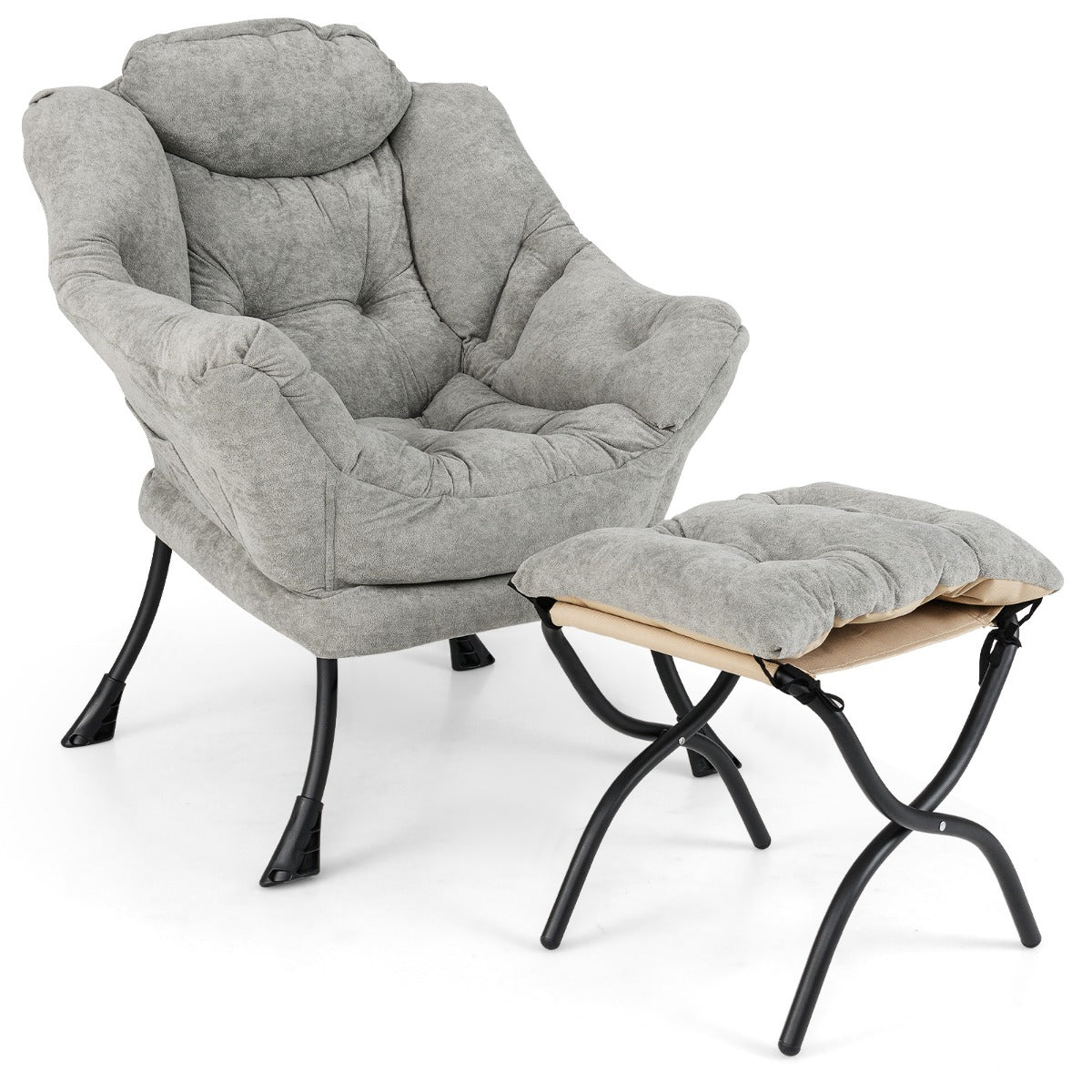 LIVSK Oversized Sherpa Accentstoel met Voetenbank - Verstelbare Rugleuning - Opbergvak - Stevige Metalen Poten - Grijs