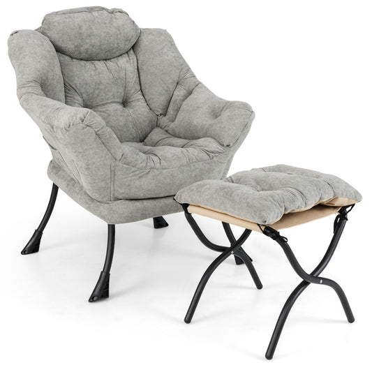 LIVSK Oversized Sherpa Accentstoel met Voetenbank - Verstelbare Rugleuning - Opbergvak - Stevige Metalen Poten - Grijs