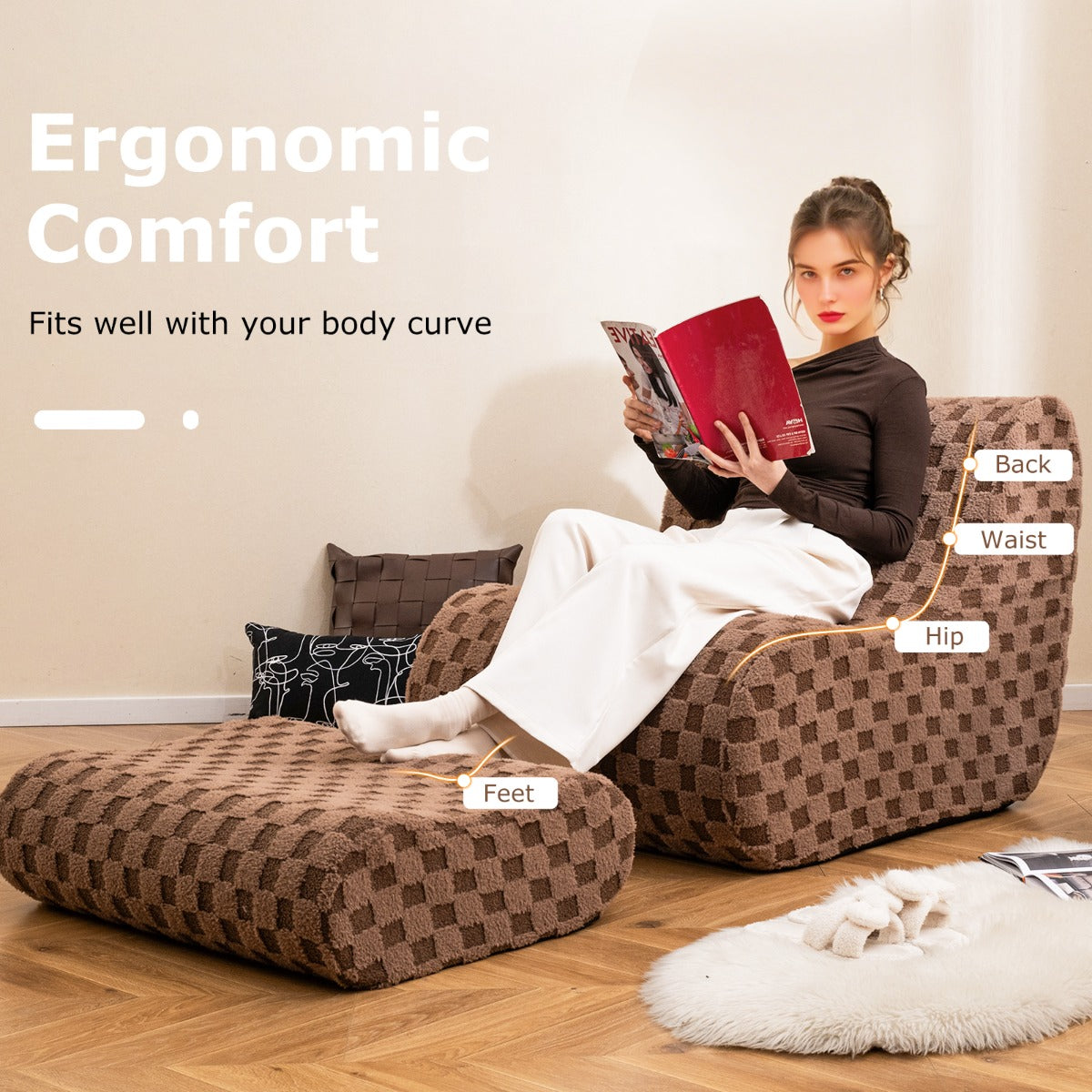 LIVSK Luie Stoelenset met Voetenbankje - Ergonomisch en Antislip - Machinewasbaar - Comfortabel en Multifunctioneel - Bruin