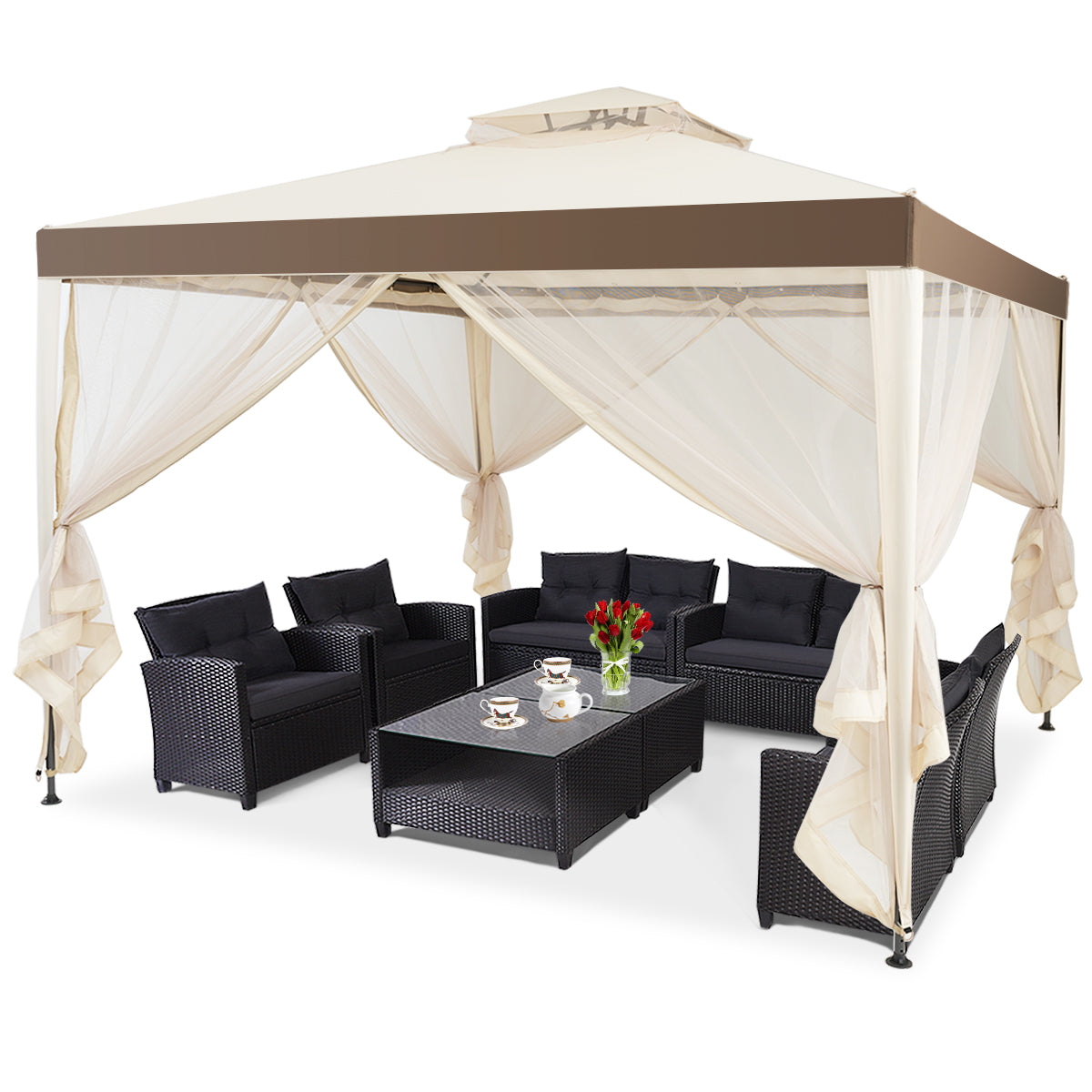 LIVSK Tuinpaviljoen met Dubbele Luifel - Ventilatieroof - Roestbestendig Stalen Frame - Muskietennet - 300 x 300 x 265 cm - Beige