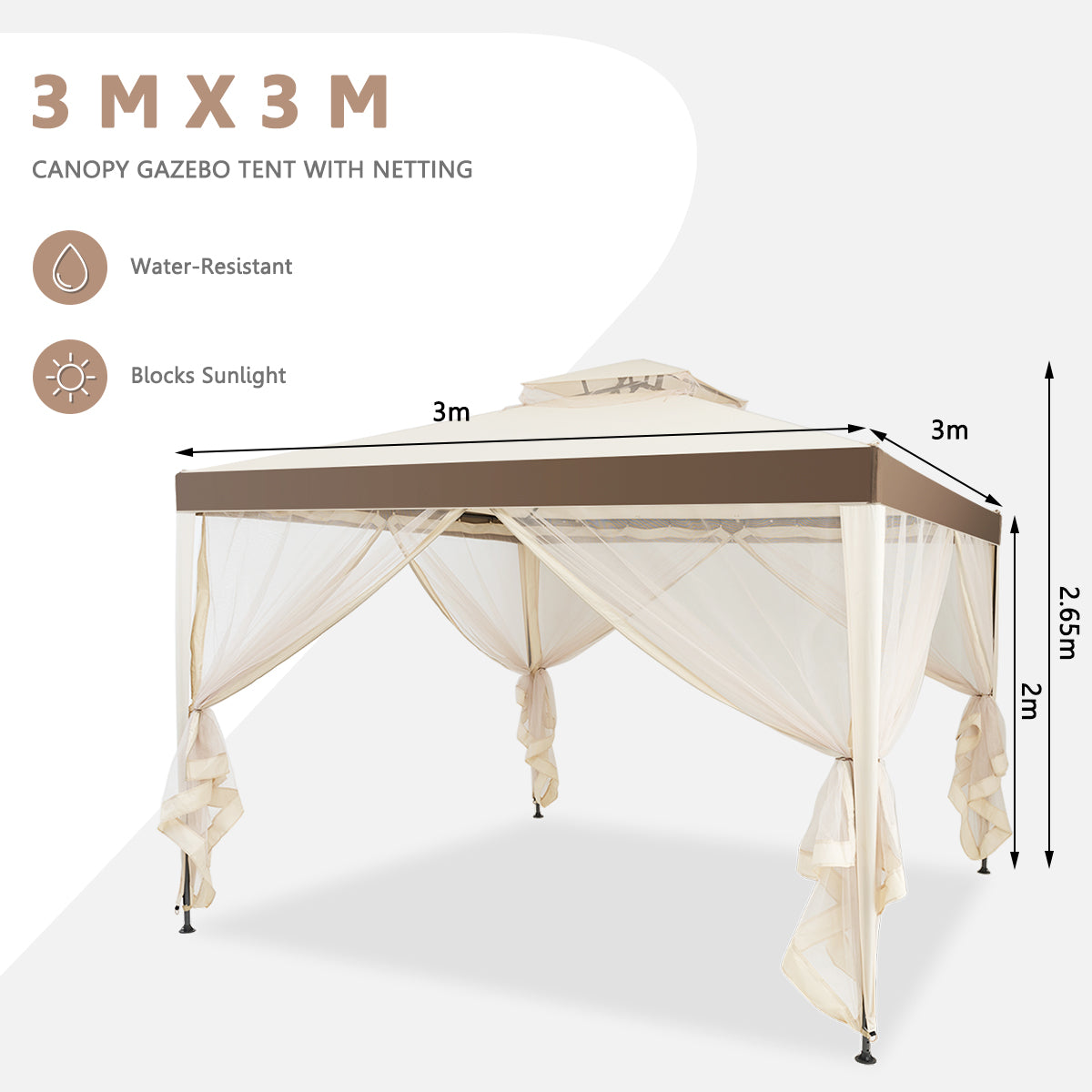 LIVSK Tuinpaviljoen met Dubbele Luifel - Ventilatieroof - Roestbestendig Stalen Frame - Muskietennet - 300 x 300 x 265 cm - Beige