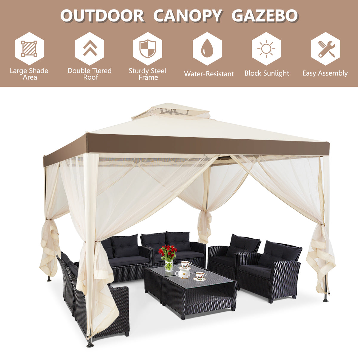 LIVSK Tuinpaviljoen met Dubbele Luifel - Ventilatieroof - Roestbestendig Stalen Frame - Muskietennet - 300 x 300 x 265 cm - Beige