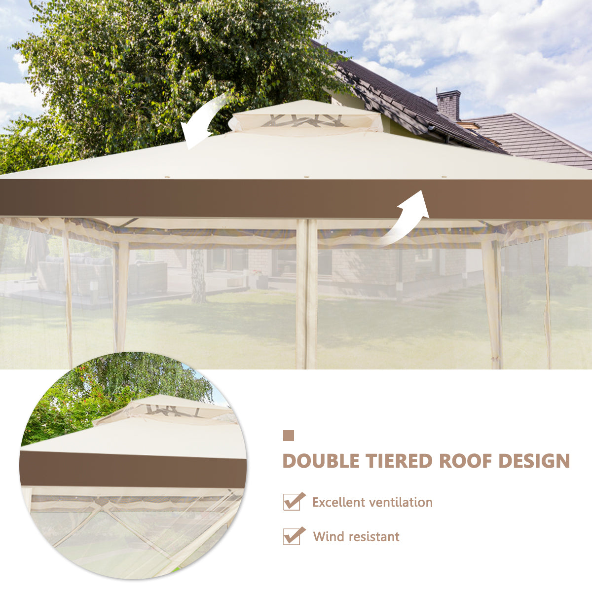 LIVSK Tuinpaviljoen met Dubbele Luifel - Ventilatieroof - Roestbestendig Stalen Frame - Muskietennet - 300 x 300 x 265 cm - Beige