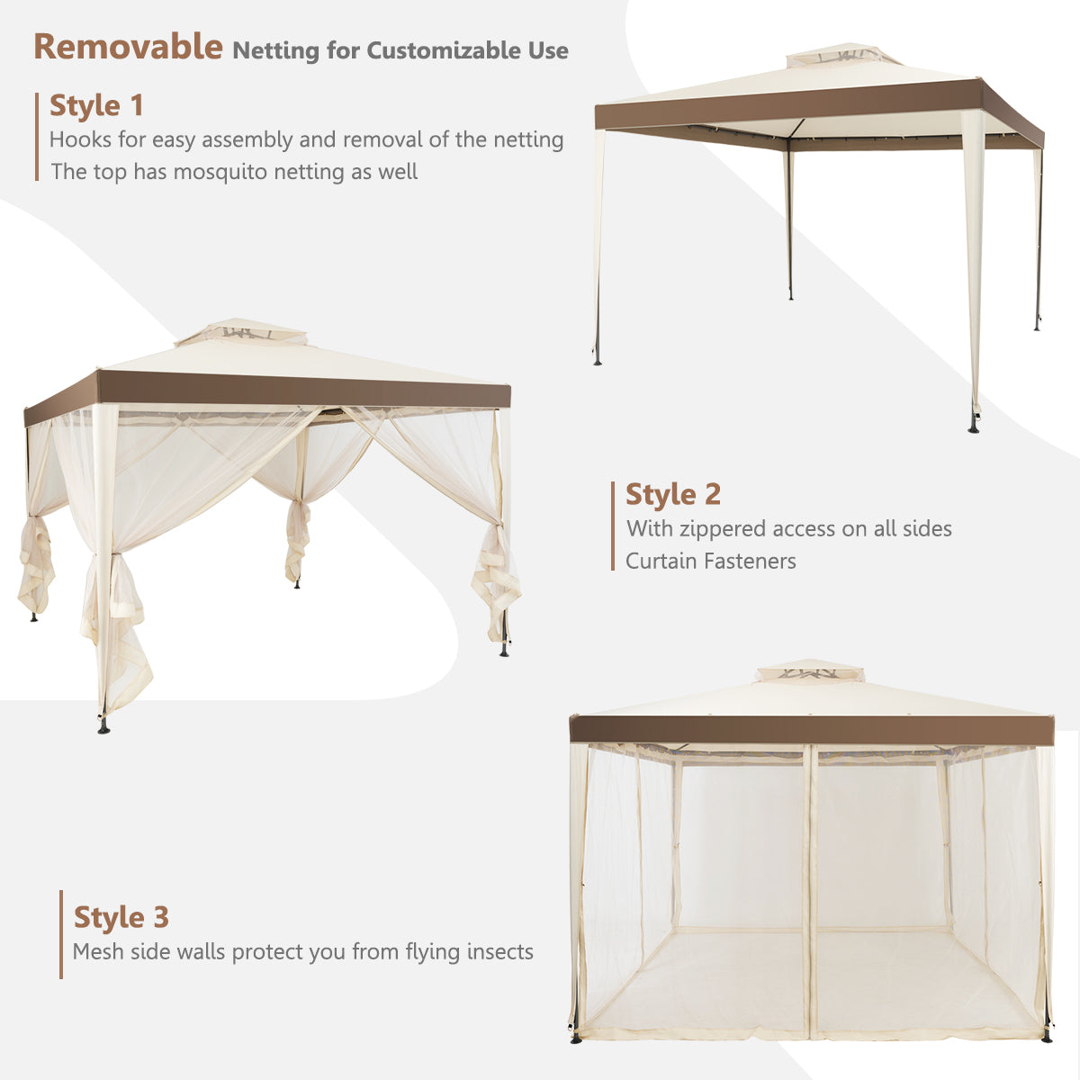 LIVSK Tuinpaviljoen met Dubbele Luifel - Ventilatieroof - Roestbestendig Stalen Frame - Muskietennet - 300 x 300 x 265 cm - Beige