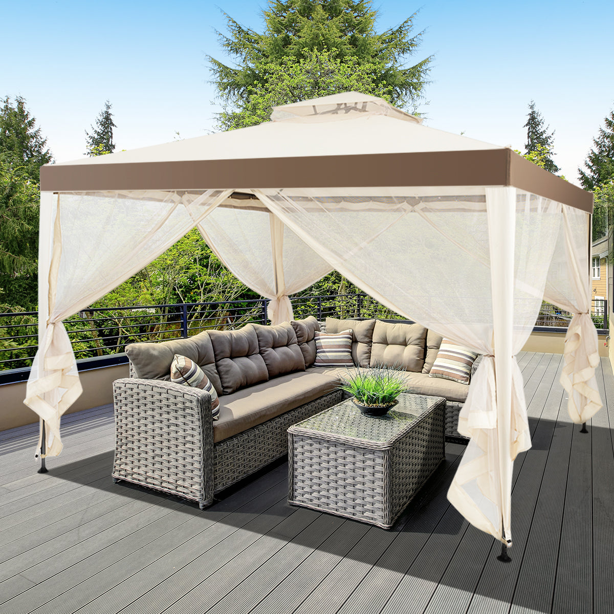 LIVSK Tuinpaviljoen met Dubbele Luifel - Ventilatieroof - Roestbestendig Stalen Frame - Muskietennet - 300 x 300 x 265 cm - Beige