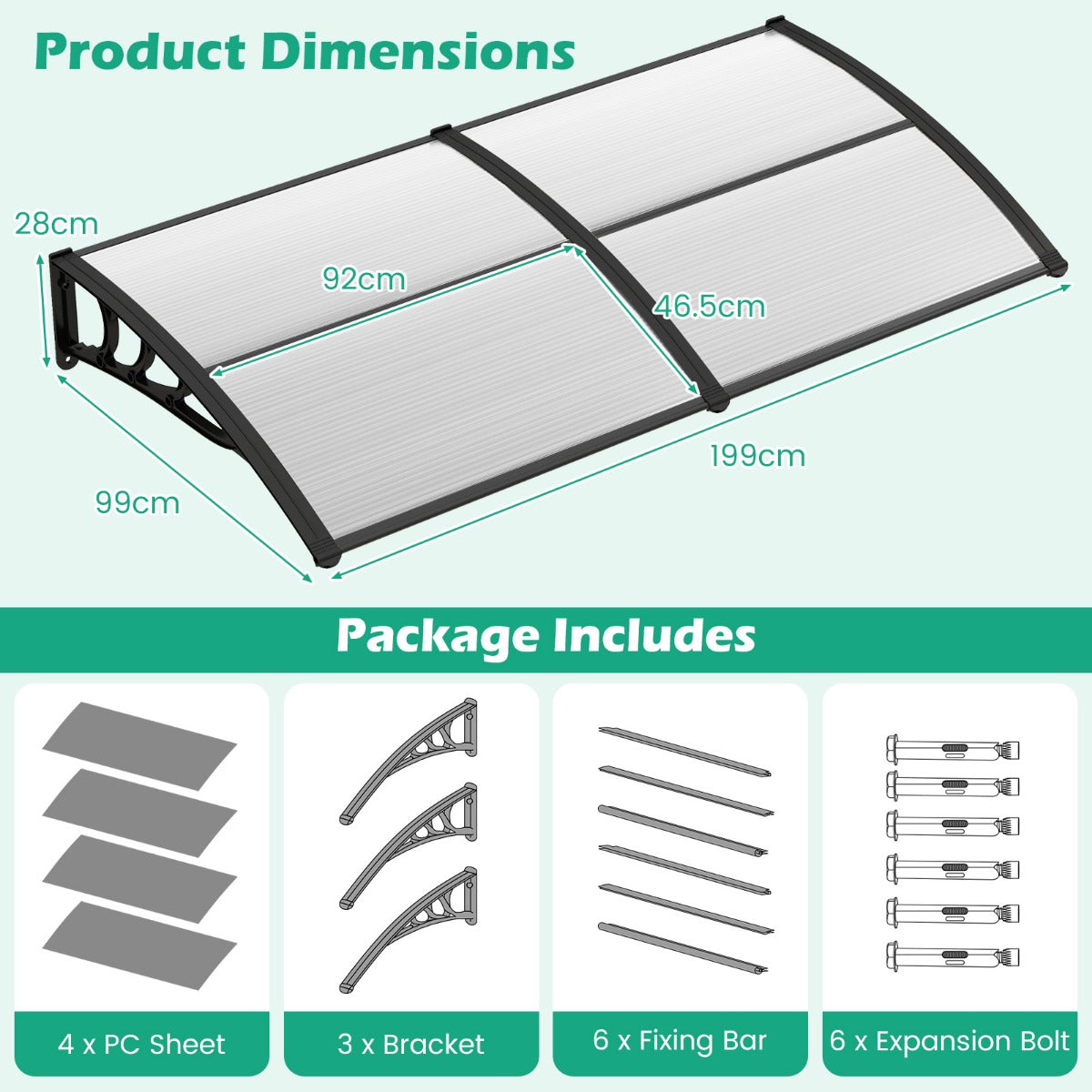LIVSK Luifel voor Huisdeur - Polycarbonaat Panelen - Aluminium Frame - Weerbestendig - Eenvoudige Installatie - 199 x 99 cm -