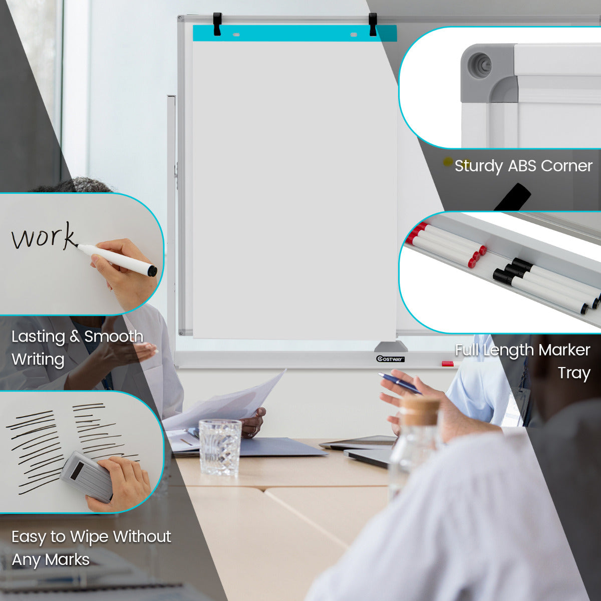 LIVSK Dubbelzijdig Mobiel Whiteboard - Verstelbare Hoogte 160-180 cm - Inclusief Accessoires - Ideaal voor Presentaties - Wit