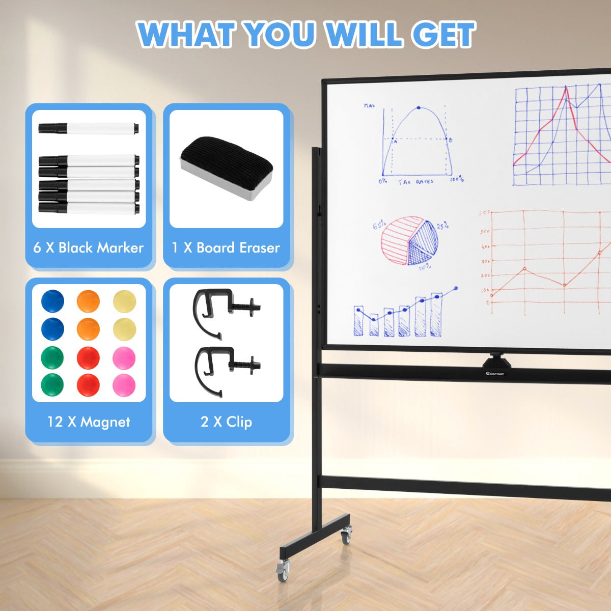 LIVSK Dubbelzijdig Mobiel Whiteboard - Hoogte Verstelbaar 160-180 cm - Inclusief Accessoires - Perfect voor Presentaties - Wit