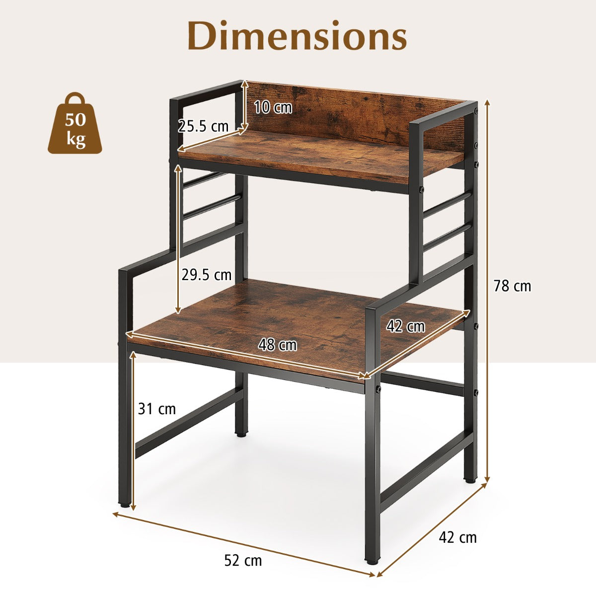 LIVSK 3-tier aanrechtblad - Stevig metaal en rustiek hout - Verstelbare poten - Capaciteit 50 kg - 52 x 42 x 78 cm - Rustiek