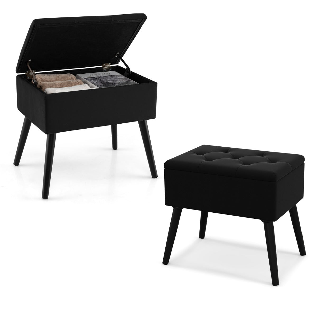 LIVSK Fluwelen Opberg-Ottoman - Luxe Zitcomfort - Handige Opbergruimte - Stevige Houten Poten - 53,5 x 38 x 46,5 cm - Zwart