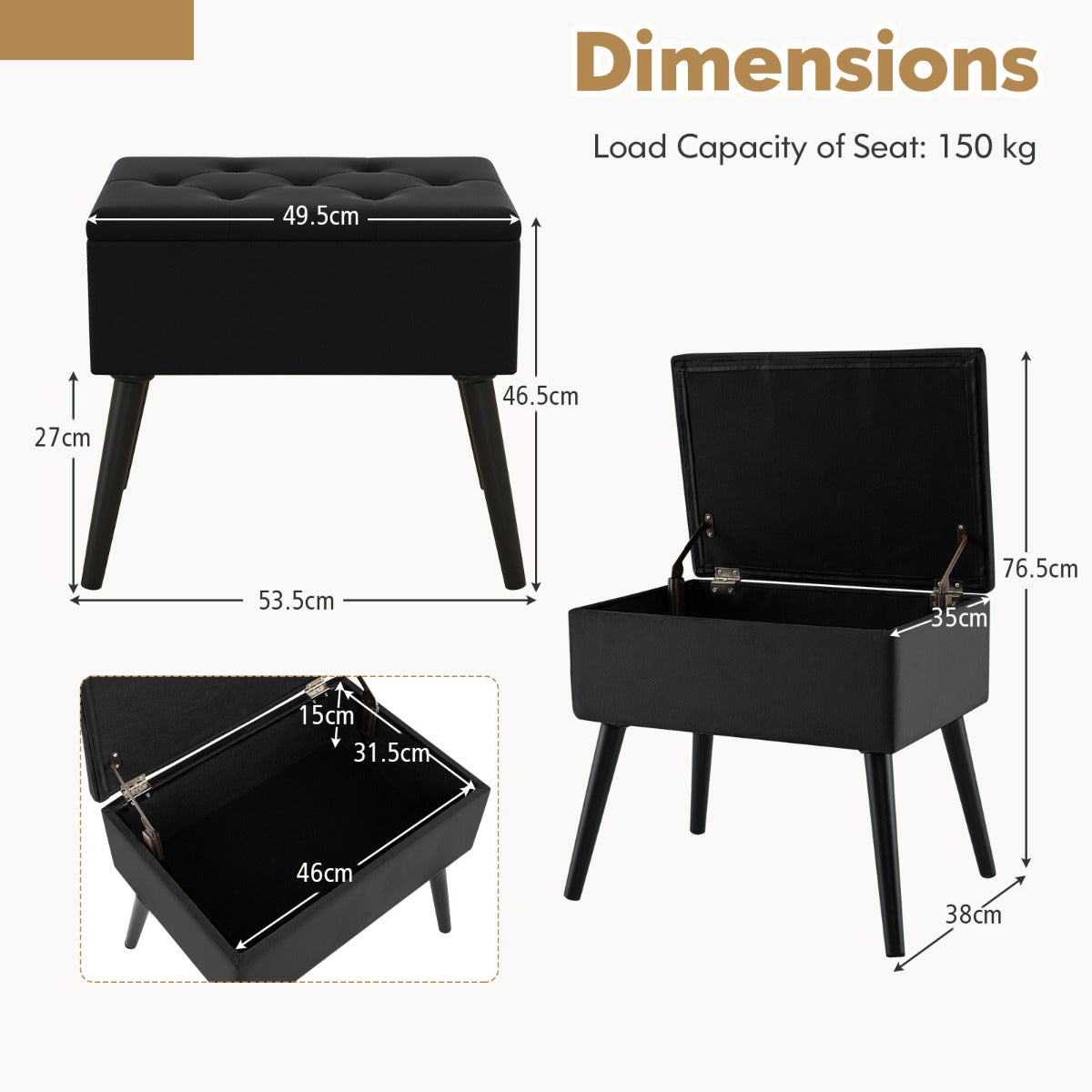 LIVSK Fluwelen Opberg-Ottoman - Luxe Zitcomfort - Handige Opbergruimte - Stevige Houten Poten - 53,5 x 38 x 46,5 cm - Zwart