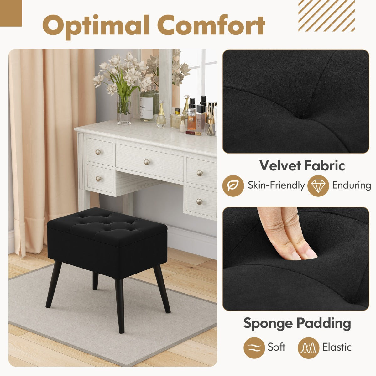 LIVSK Fluwelen Opberg-Ottoman - Luxe Zitcomfort - Handige Opbergruimte - Stevige Houten Poten - 53,5 x 38 x 46,5 cm - Zwart