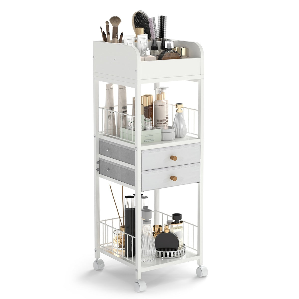 LIVSK Make-up Organizer Trolley - Stevig Metaal - 2 Legplanken - 2 Lades - Wieltjes met Remmen - 30 x 30 x 90 cm - Wit
