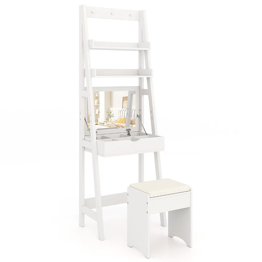 LIVSK Opklapbare Kaptafel met Spiegel en Krukje - Bureau Functie - 3 Haken - Verborgen Opbergruimte - Wit