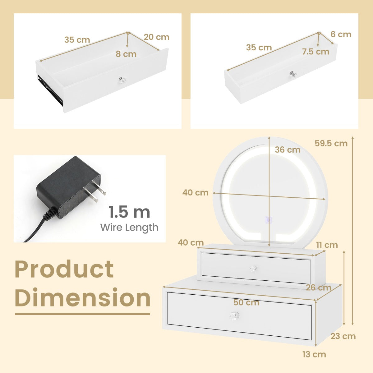 LIVSK Make-up Tafel met Spiegel en 2 Lades - Hoogwaardig MDF - Flexibele Plaatsing - Wit