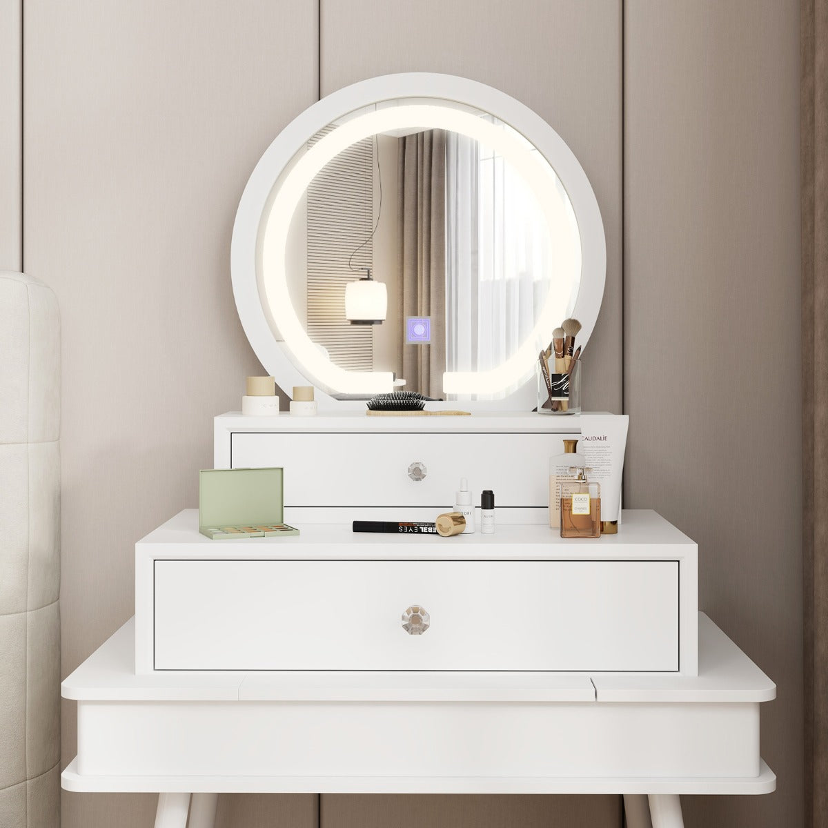 LIVSK Make-up Tafel met Spiegel en 2 Lades - Hoogwaardig MDF - Flexibele Plaatsing - Wit